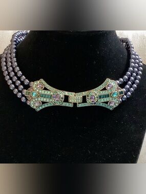 Heidi Daus triple strand navy pearl choker with Swarovski crystal clasps NWOT